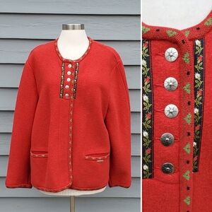 Vintage 80s Red Boiled Wool Fair Isle lcelandic Ski Apres Nordic Trachten Coat L